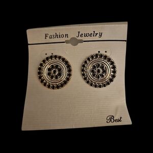 Vtg BEST Ethnic Black and Silvertone Round Mandala Earrings